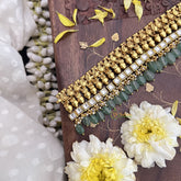 Vriksham Kundan Jadau Gold Look Alike High Neck Choker-White-Pastel Green Bead-J3689